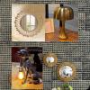 Idées cadeaux déco de la collection Deco-Delight présentant une lampe à poser Champignon en métal doré, un miroir soleil avec des gouttes en métal doré, la lampe à poser Abby en résine (chien tenant une ampoule dans sa gueule) et deux miroirs convexes dorés type  "miroir de sorcière".