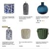 Décoration intérieure : sélection Deco-Delight : vase en verre texturé, vase en céramique motif fleuri bleu et blanc, pot céramique bleu et or, cache-pot en céramique bleu et blanc, et cache-pots en ciment cactus et design végétal.