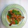 Bouillon de gambas, infusion mandarine et gingembre, légumes croquants, Au Petit Marguery