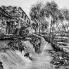 Vieux moulin dans l'Orne, dép 61, d'après une photographie de Cynthia Vernier, fusain et craie d'art sur papier 29,7x42cm