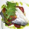 Millefeuille de panisses, daurade royale,poivrin rouge marinée, roquette, pistou...