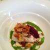 Suprême de bar, crémeux de légumes au wasabi et emulsion au cresson.