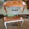 Relooking d'une table regence en merisier,décapage par aérogommage, piètement laqué gris, dessus vernis bois naturel