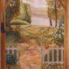 Fresque peinte en trompe-l'oeil sur toile à maroufler : paysage champêtre