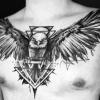 Projet d’aigle graphique avec géométrie sur le torse d’Hemrick. Tatouage réalisé en deux séances, 10h de travail environ.